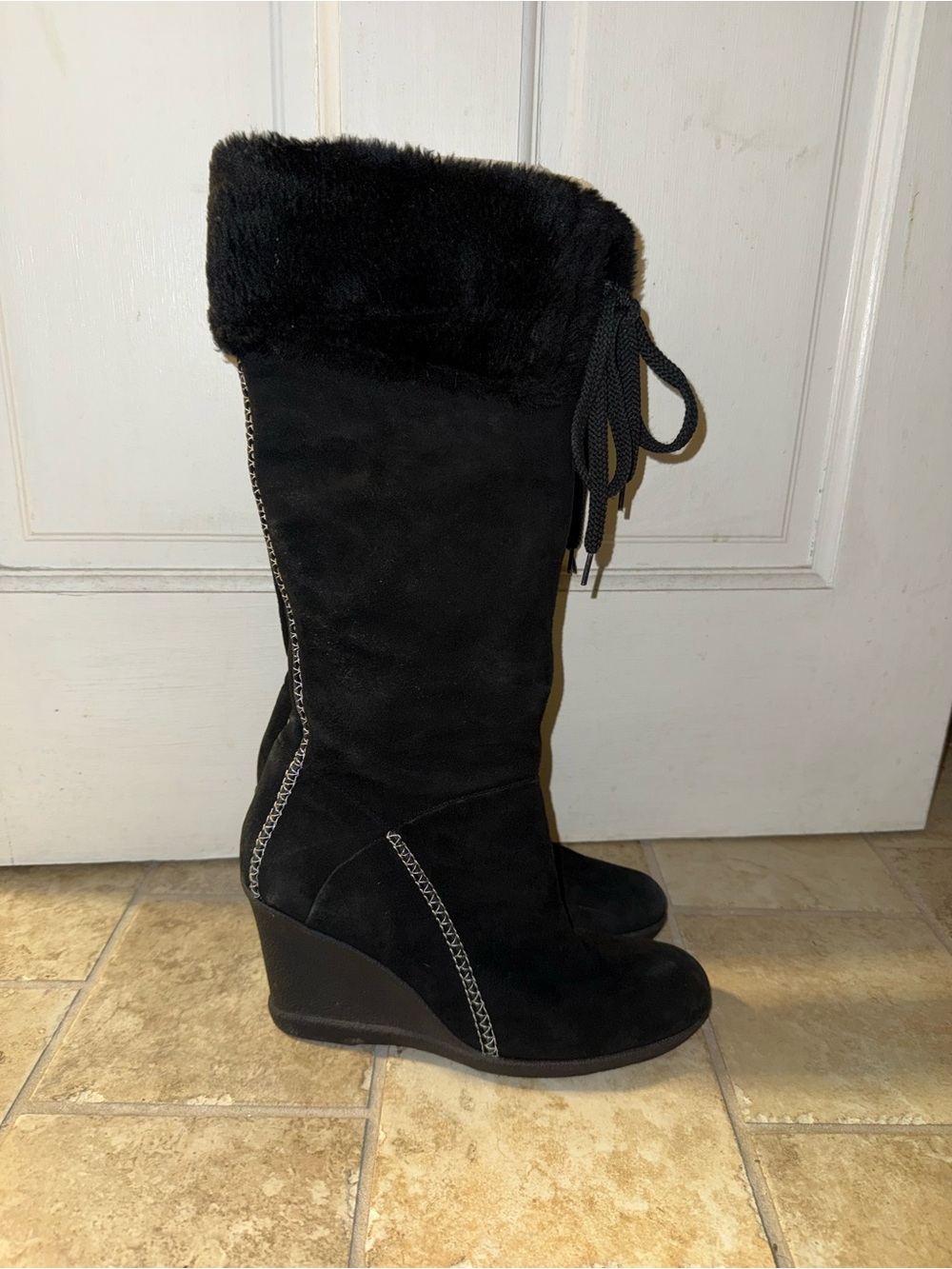 Women's Black Faux-Fur Wedge Knee-High Boots